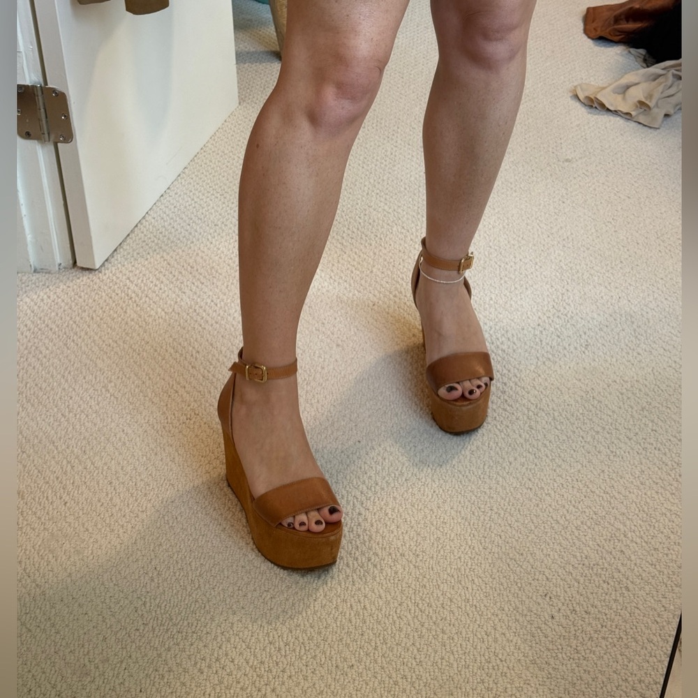 Schutz Camel Platform Wedge Sandals with Ankle Strap